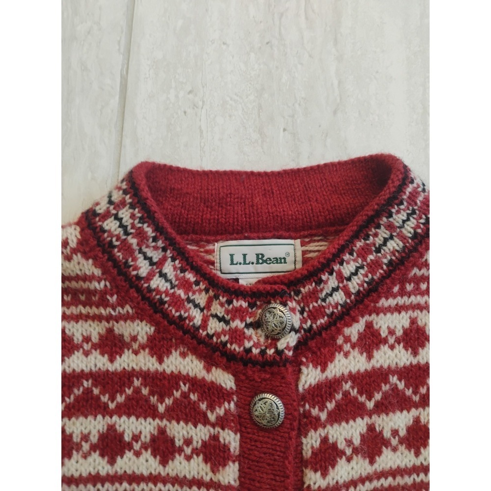 Vintage LL Bean Women Medium Button Up Cardigan Sweater Wool Holiday USA Made - Picture 13 of 14